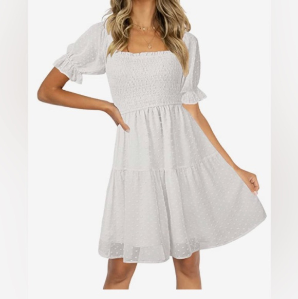 TECREW | White Chiffon Puff Sleeve Mini Boho Ruffle Dress